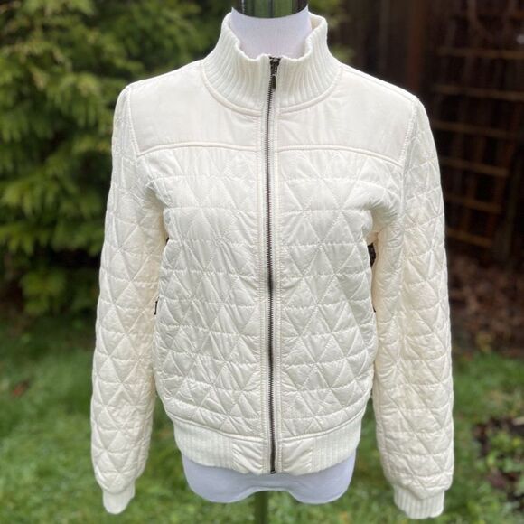 Prana Diva Bomber Jacket Ivory Sherpa Lined Quilted Zip Medium - Picture 3 of 8